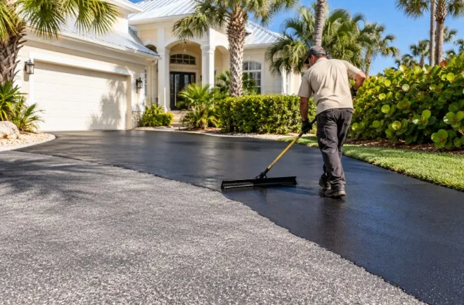 Worker applies black sealcoat to a residential driveway with a wide squeegee beside a coastal-style home.