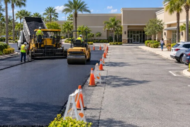 Paving crew repaves one section of a commercial parking lot while cones separate the open customer access area.