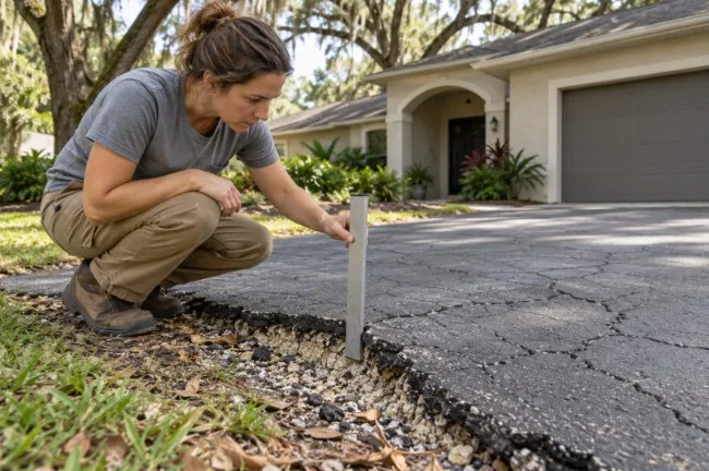Contractor inspects cracked driveway asphalt and the exposed aggregate beneath its damaged edge.