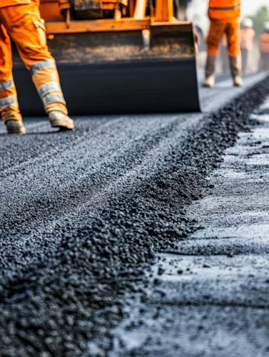 Paving crew screeding a fresh layer of hot asphalt for a new installation